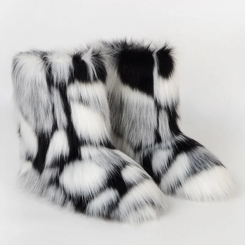 Fluffy Mid-calf Boots: Winter Women's Fashion Snow Boots Warm Cotton Shoes