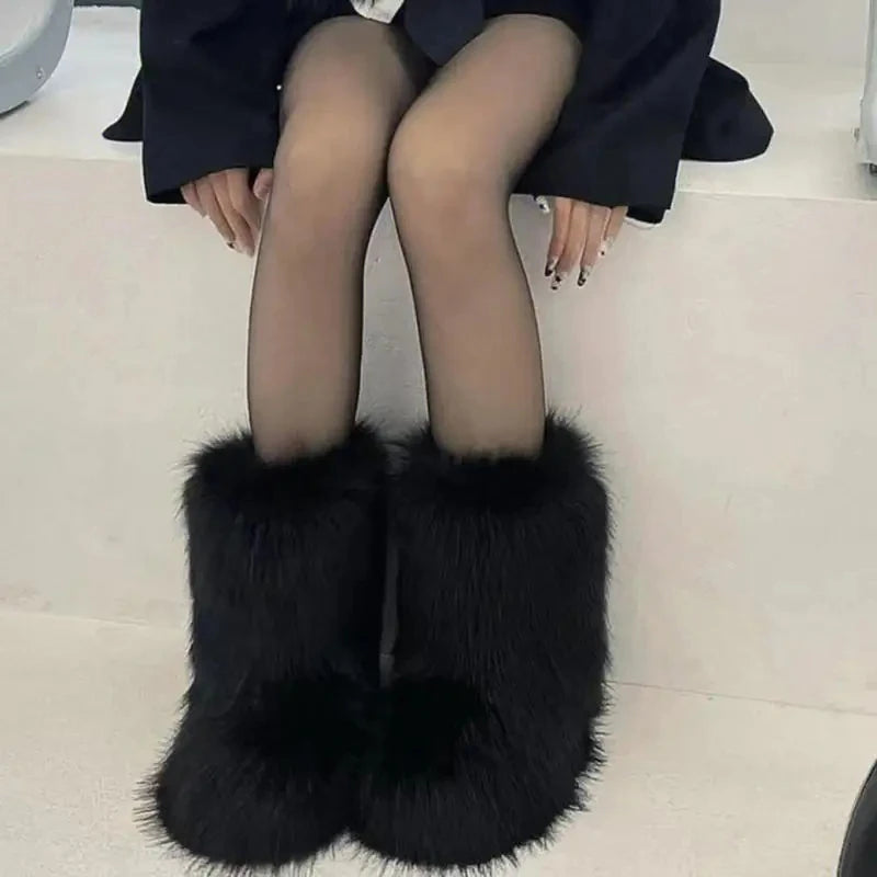 Fluffy Mid-calf Boots: Winter Women's Fashion Snow Boots Warm Cotton Shoes
