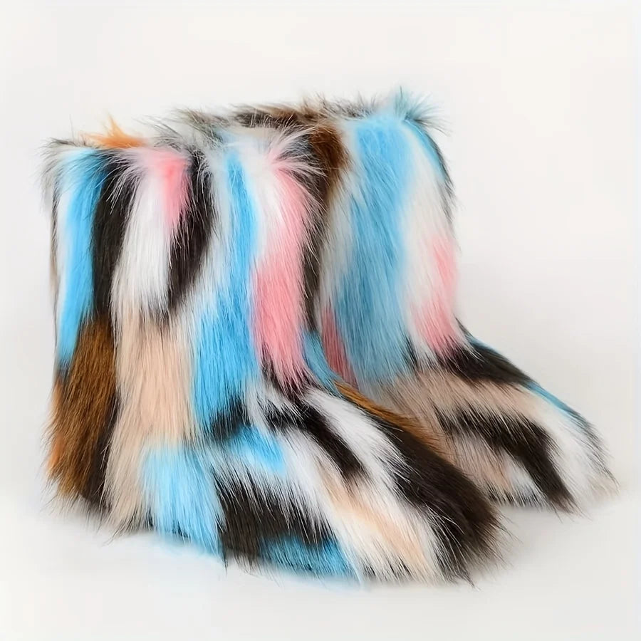 Fluffy Mid-calf Boots: Winter Women's Fashion Snow Boots Warm Cotton Shoes