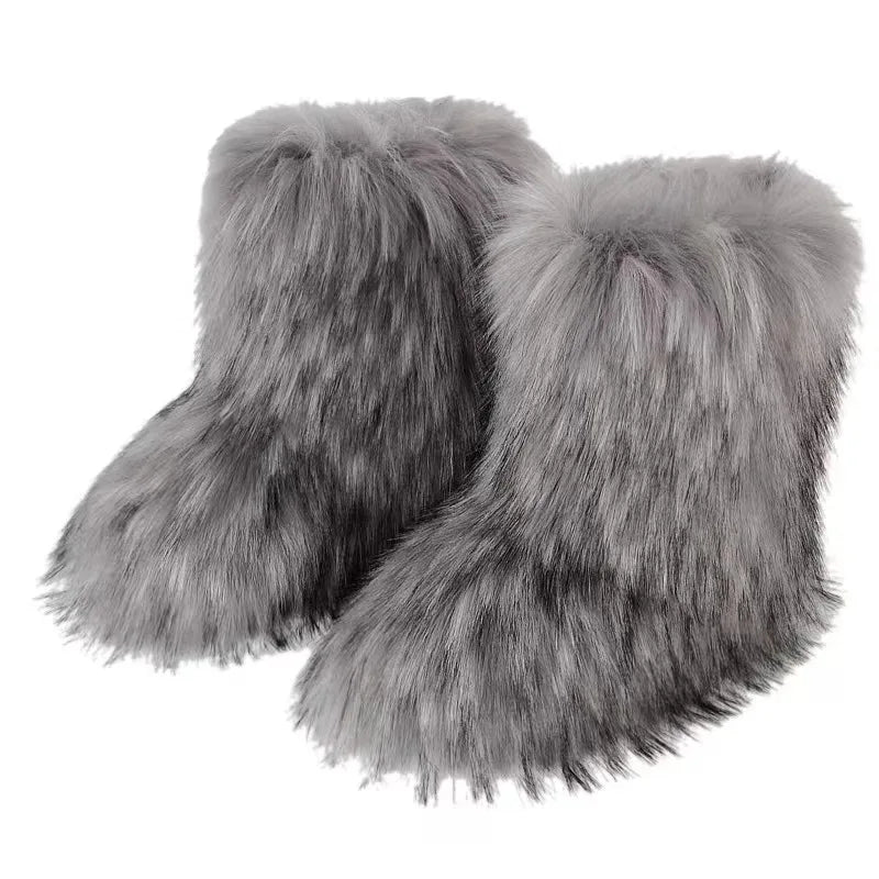 Fluffy Mid-calf Boots: Winter Women's Fashion Snow Boots Warm Cotton Shoes