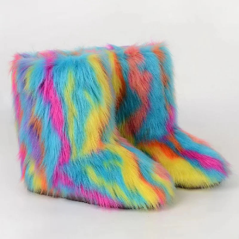Fluffy Mid-calf Boots: Winter Women's Fashion Snow Boots Warm Cotton Shoes